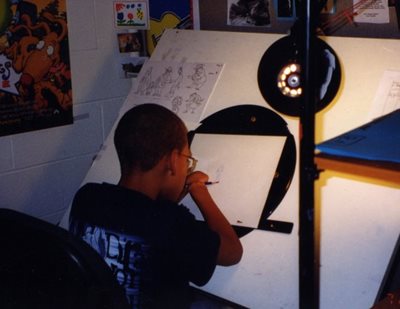 Desmond, age 11, visiting artist and animators at Nickelodeon Studios.