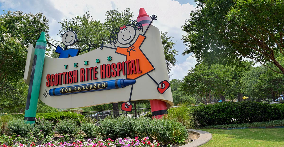 Texas Scottish Rite Hospital for Children sign outside main campus
